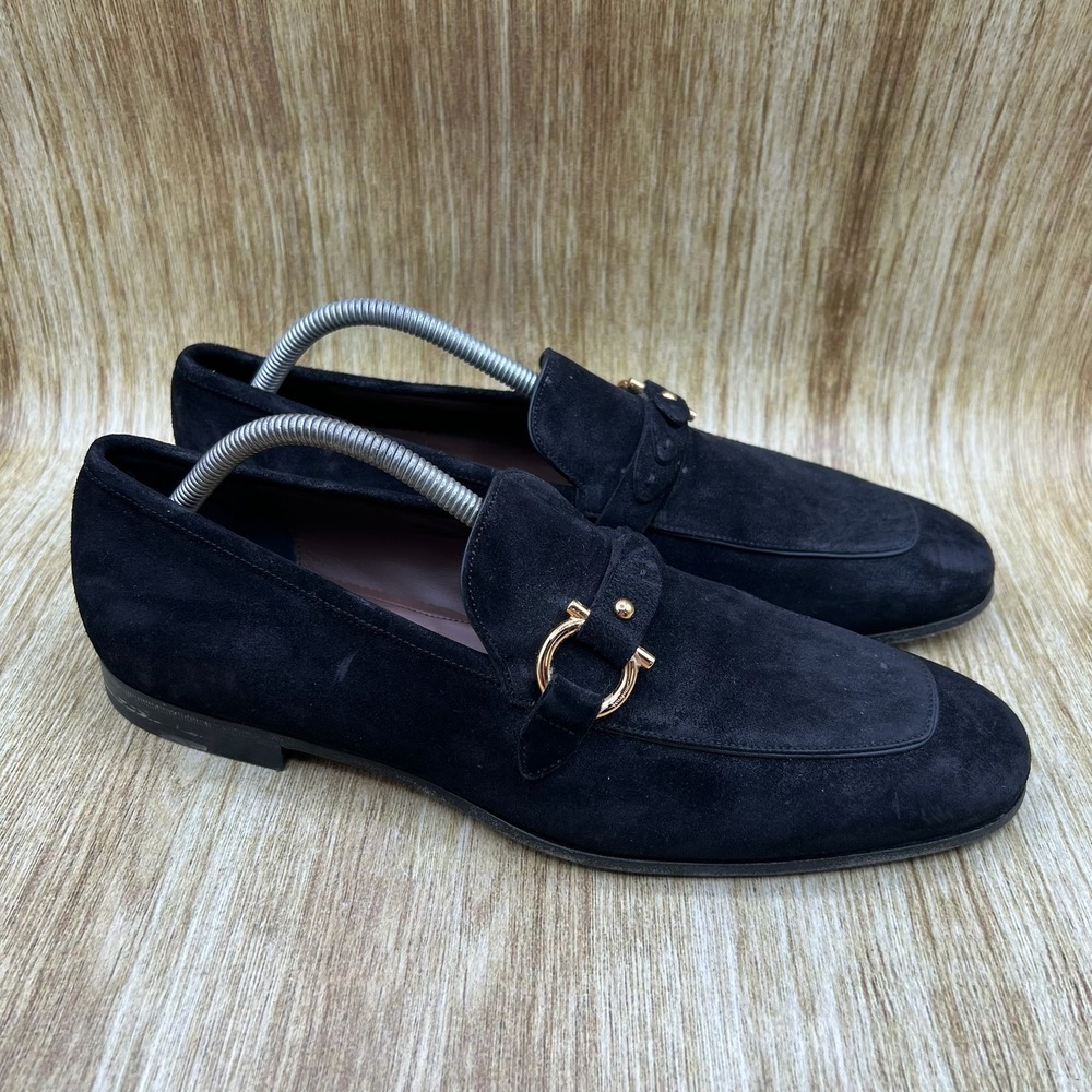 Salvatore Ferragamo Gancini Loafers Men's Size 9 E Black Suede Gold Hardware